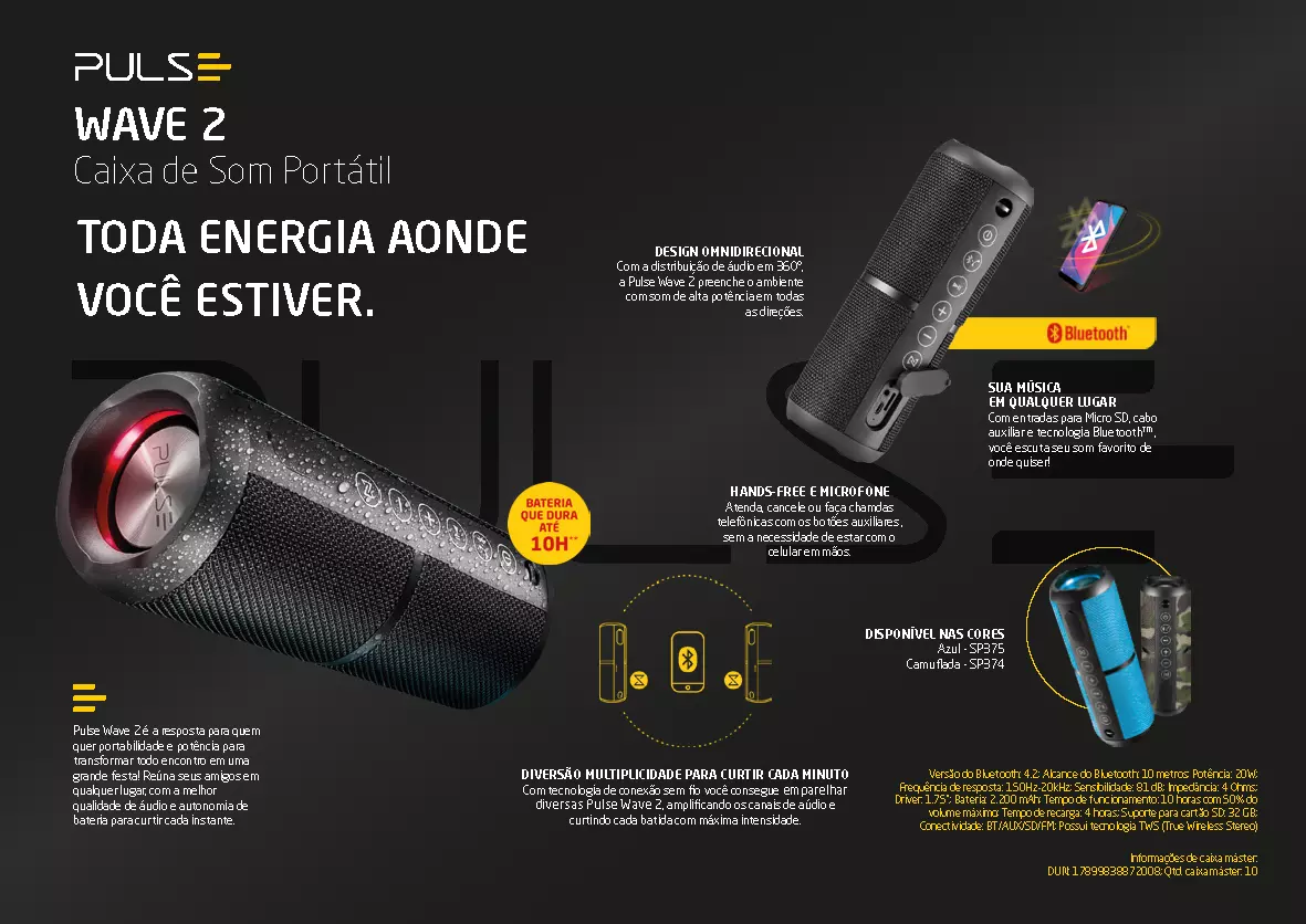 Caixa de Som Bluetooth Wave 2 Azul - SP374 Pulse Caixa de Som Bluetooth Wave 2 Azul - SP374 Pulse