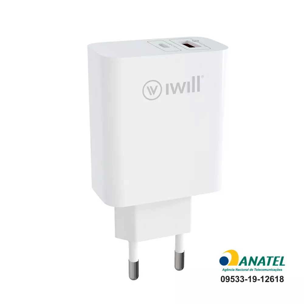 Adaptador de Parede com 1 saída USB QC e 1 saída USB-C PD - iWill