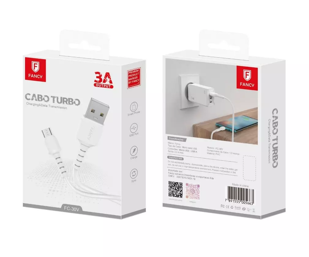 Cabo Turbo 3A USB Para Micro V8 - FC30v Fancy Cabo Turbo 3A USB Para Micro V8 - FC30v Fancy