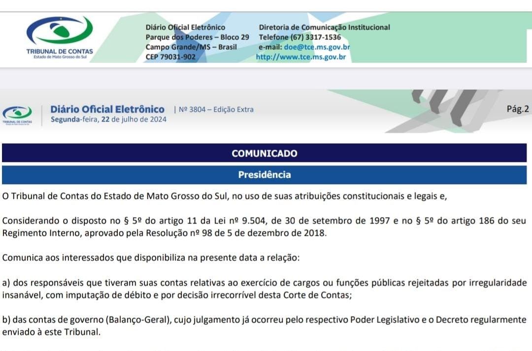 Lista de 'contas irregularidades' do TCE-MS tem Roberson e mais 6 de Ribas do Rio Pardo