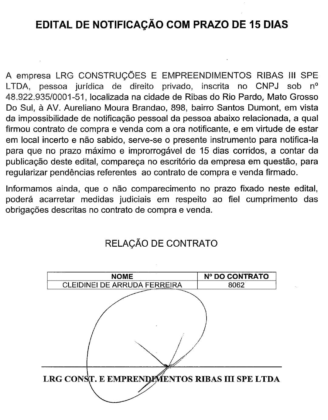 EDITAL DE NOTIFICAÇÃO COM PRAZO DE 15 DIAS - CONTRATO N.° 8062