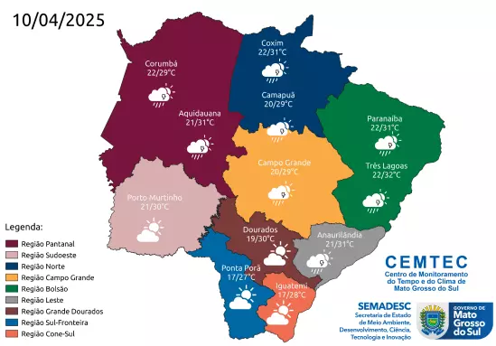Quinta-feira será de sol e possibilidade de chuva em Mato Grosso do Sul