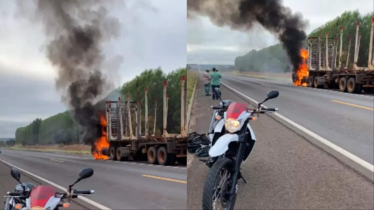 Carreta pega fogo e motociclista salva caminhoneiro em Ribas do Rio Pardo