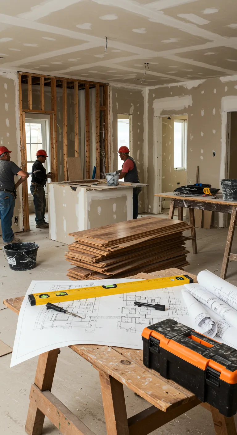 A construction site with workers in hard hats, a large stack of wood flooring, and blueprints on a workbench in the foreground.