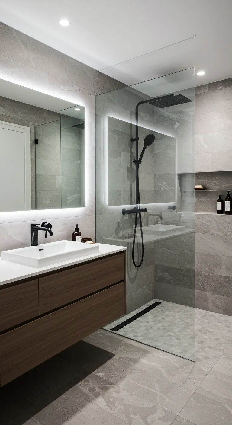 A modern bathroom with a walk-in shower that has a frameless glass panel, gray marble-patterned tiles, and matte black fixtures.