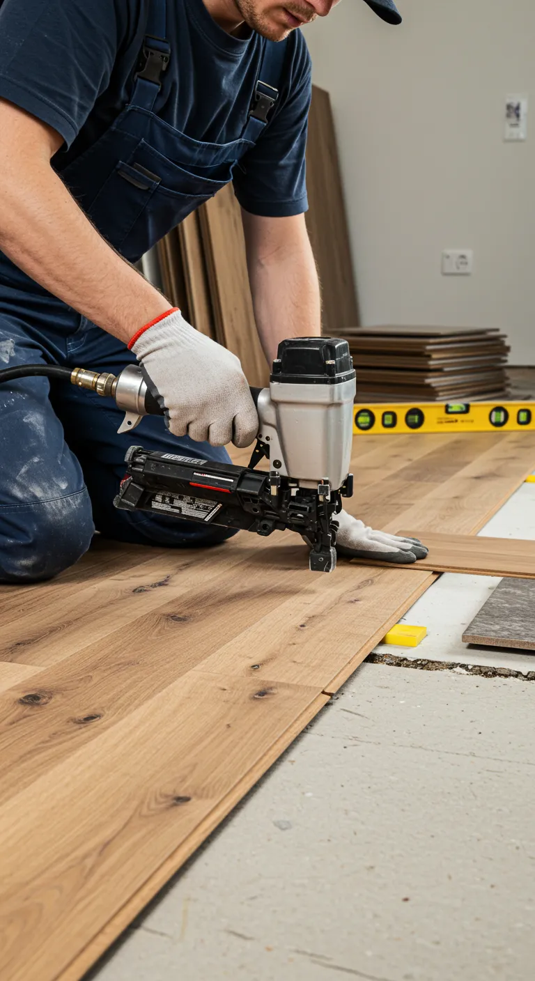 A person installing a wooden floor with a nail gun.