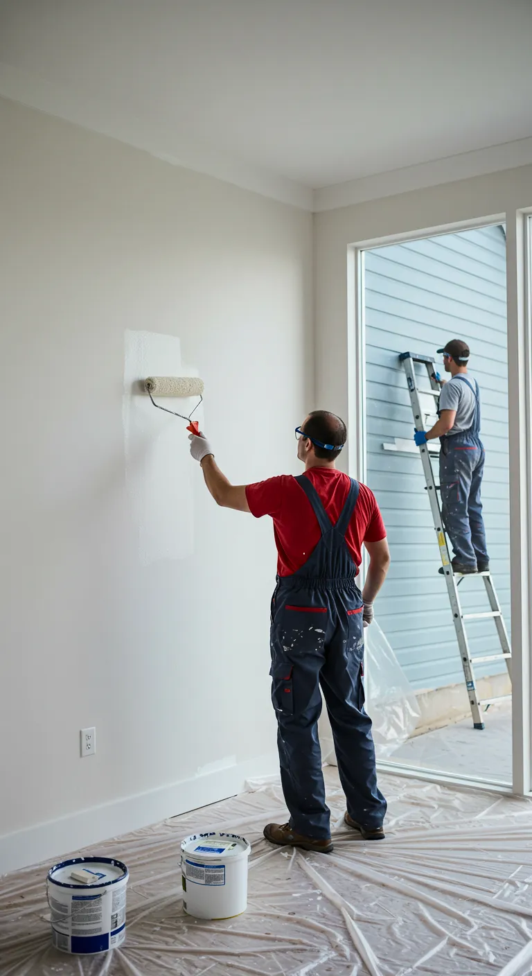 Two painters in overalls renovating a room. One paints a wall white with a roller while the other works on a ladder.