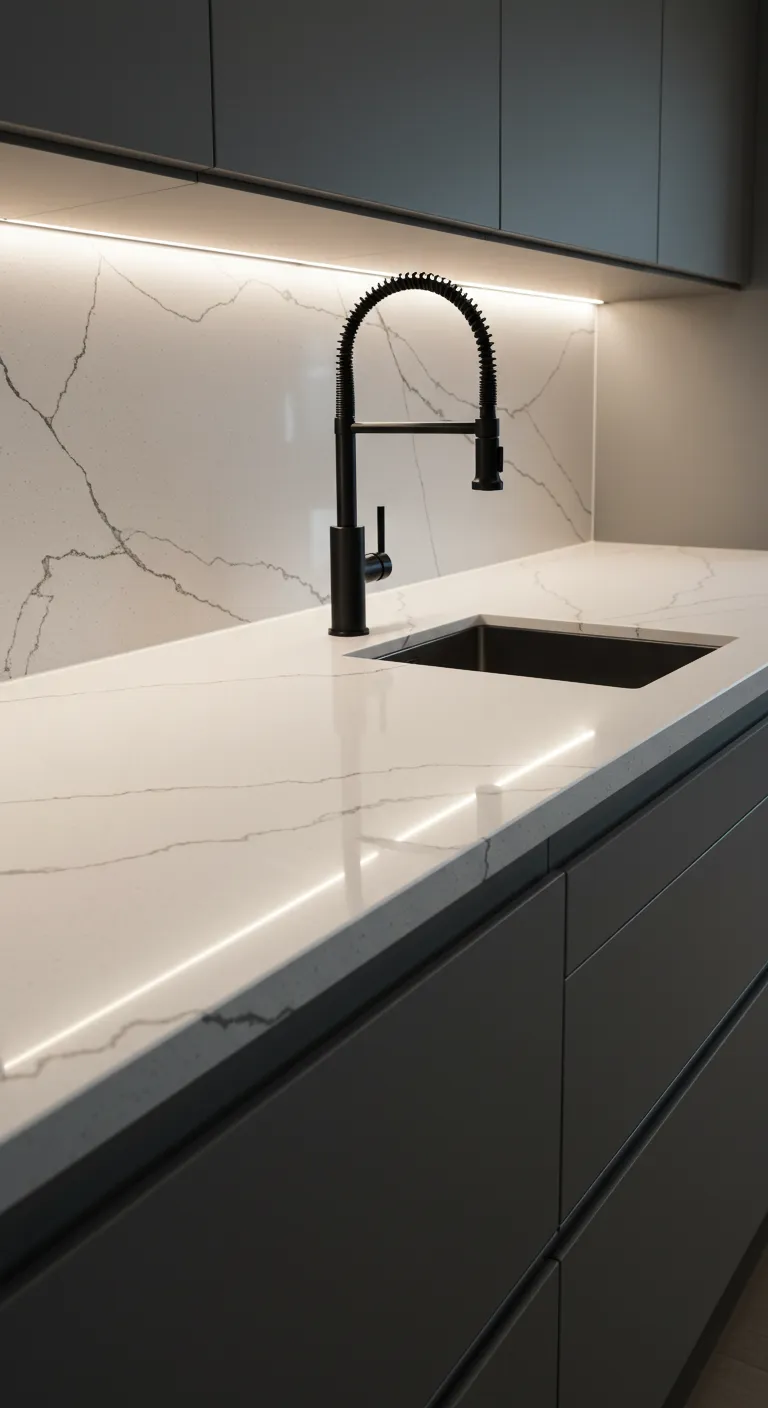 A close-up of a modern kitchen with dark cabinets, a white marble-patterned countertop, and a black faucet.