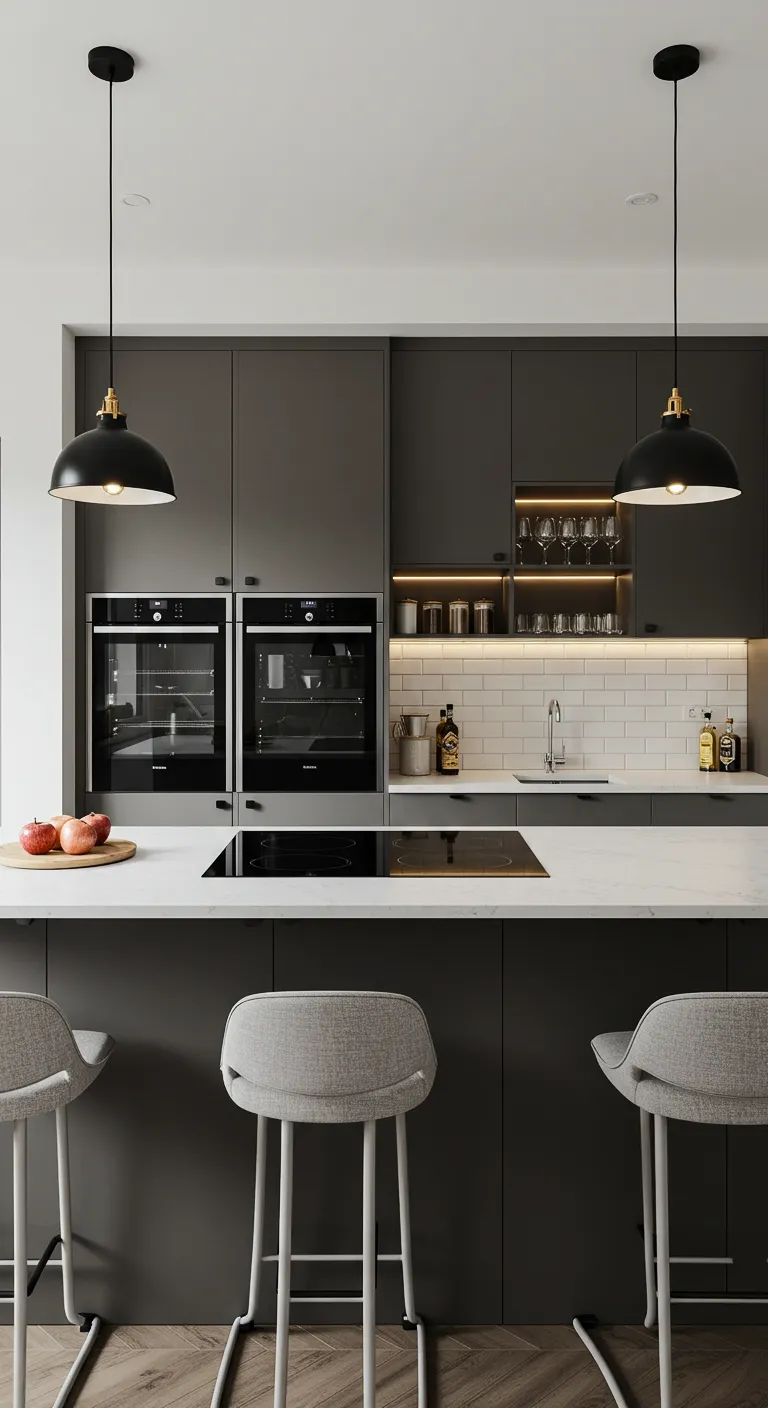 A modern kitchen with dark gray cabinets, a large white island, and black appliances.