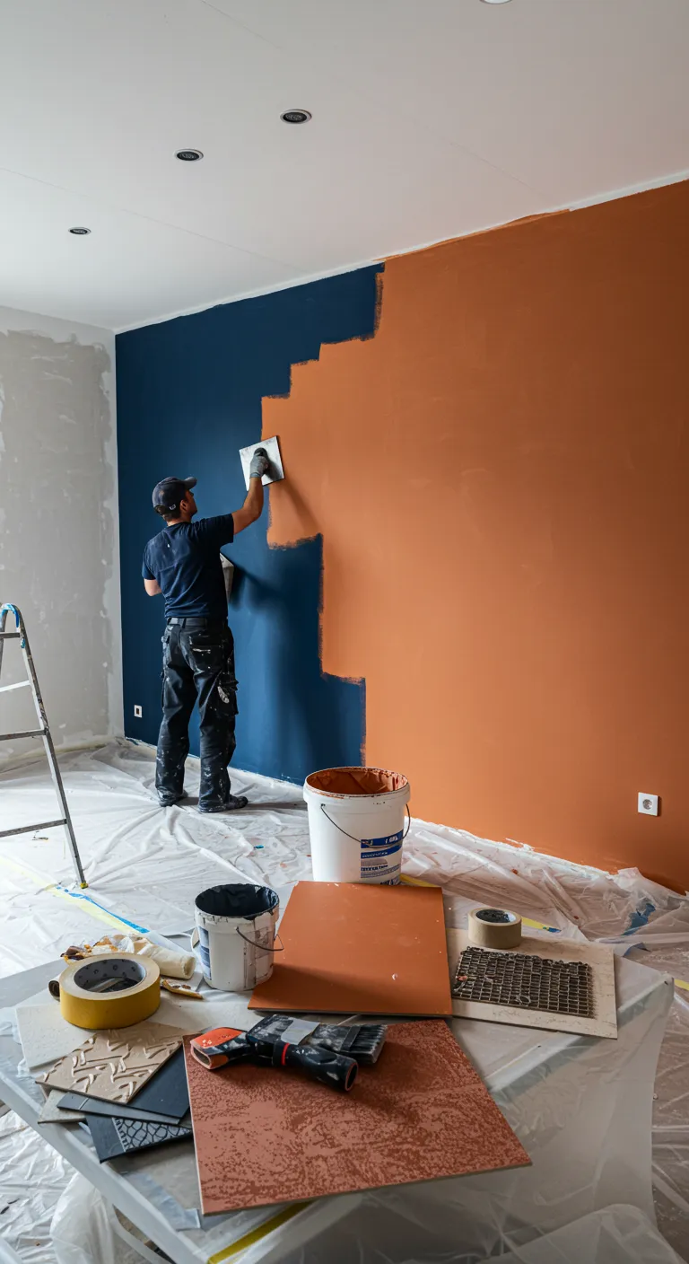A painter uses a trowel to apply brown plaster to a two-toned blue and brown wall.