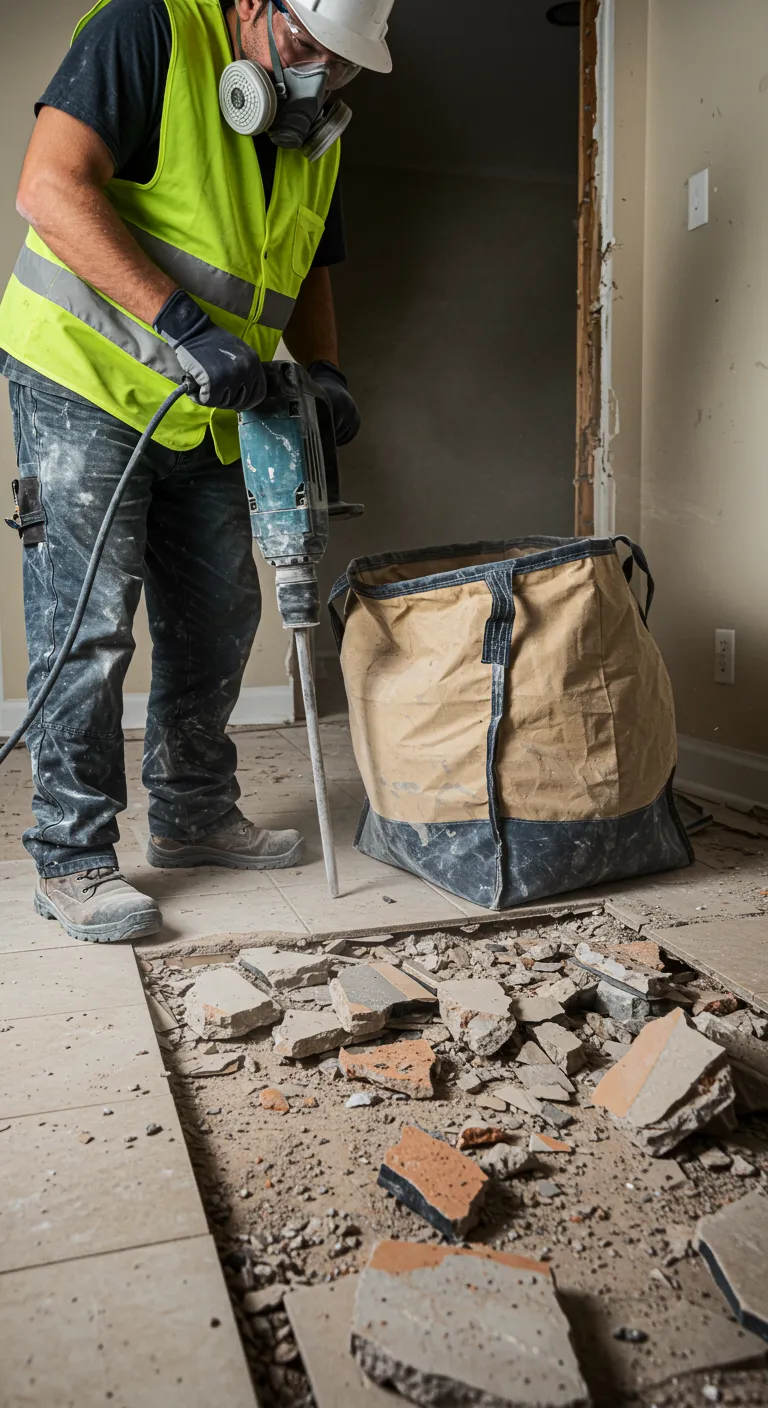 A construction worker uses a jackhammer to break up a tile floor during a renovation.