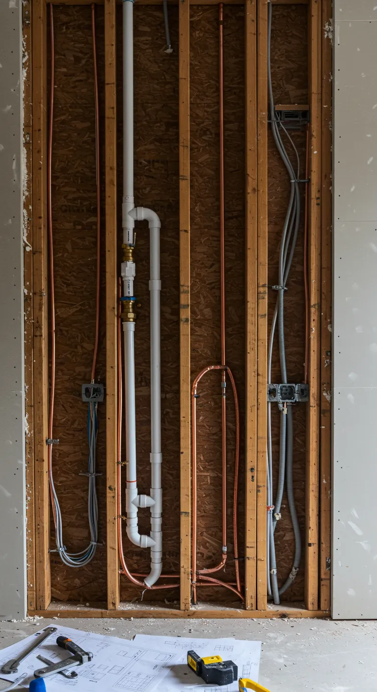 The interior of an exposed wall with wooden studs, showing new plumbing pipes and electrical wiring being installed.
