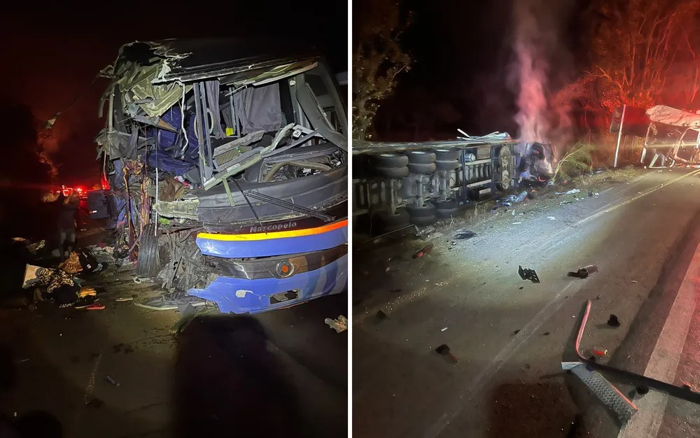 Acidente entre ônibus e caminhão deixa dois mortos e mais de 40 feridos