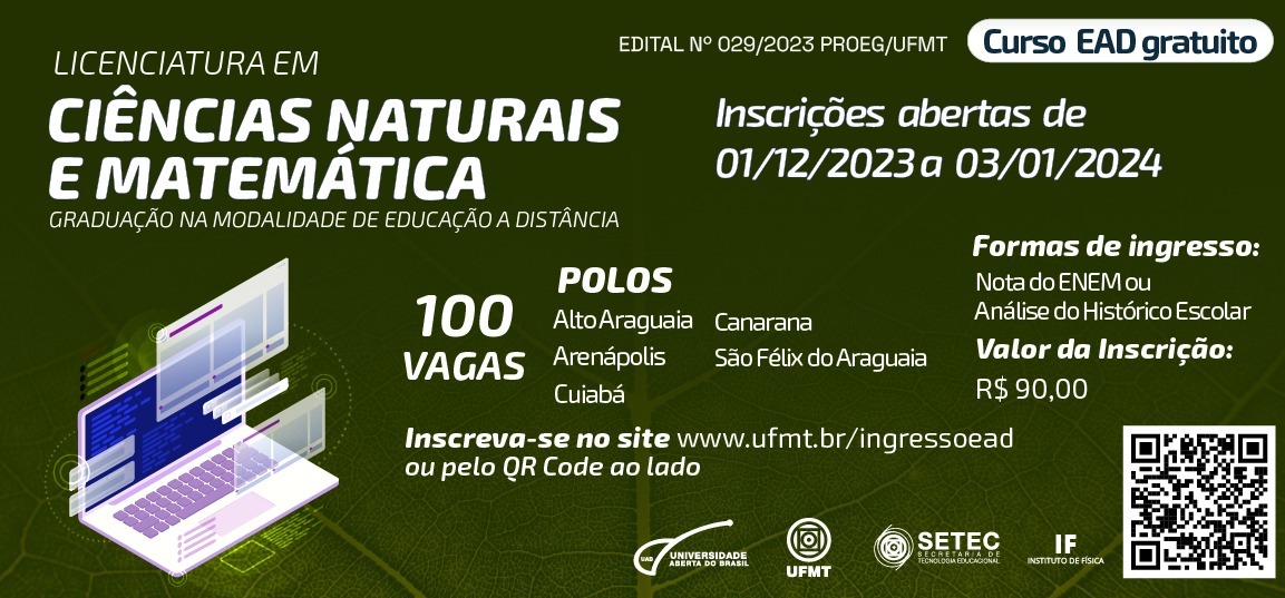 UAB Polo São Félix do Araguaia oferece 20 vagas para curso de Licenciatura em Ciências da Natureza e Matemática pela UFMT