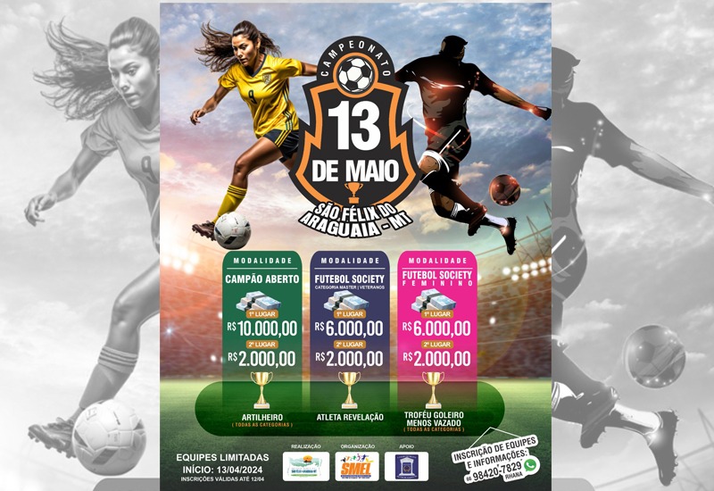 O tradicional Campeonato 13 de Maio de Futebol inicia neste final de semana em São Félix do Araguaia
