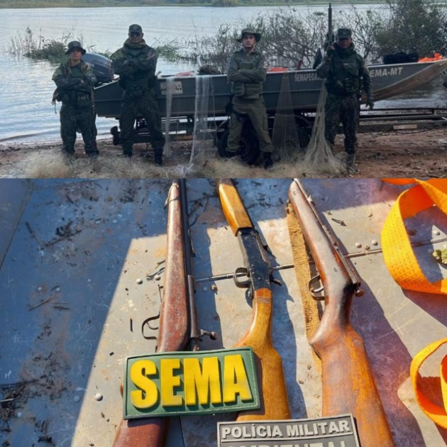 PM e Sema apreendem 4 armas, redes e tarrafas na região do Araguaia