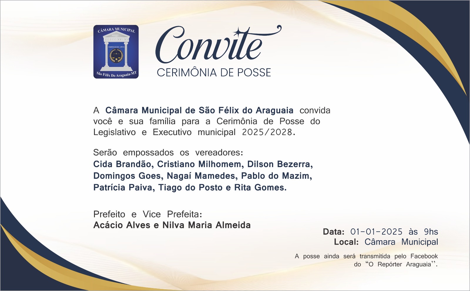 Vereadores, prefeito e vice-prefeita de São Félix do Araguaia tomam posse em 1º de janeiro de 2025