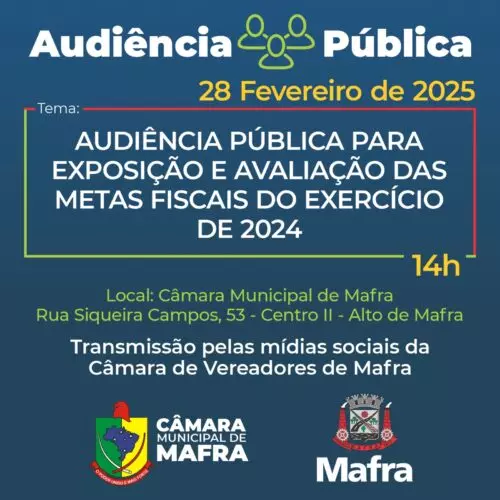 Câmara de Mafra sedia Audiência Pública de prestação exposição de metas fiscais de 2024
