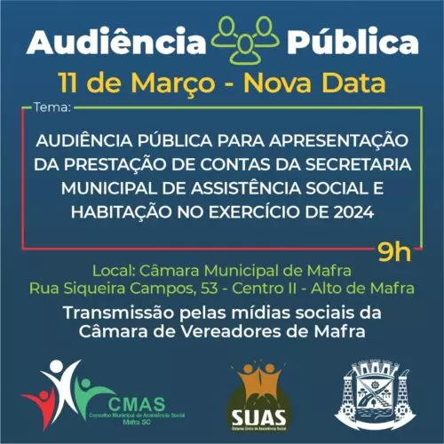 Audiência Pública de Prestação de Contas da Assistência Social tem nova data
