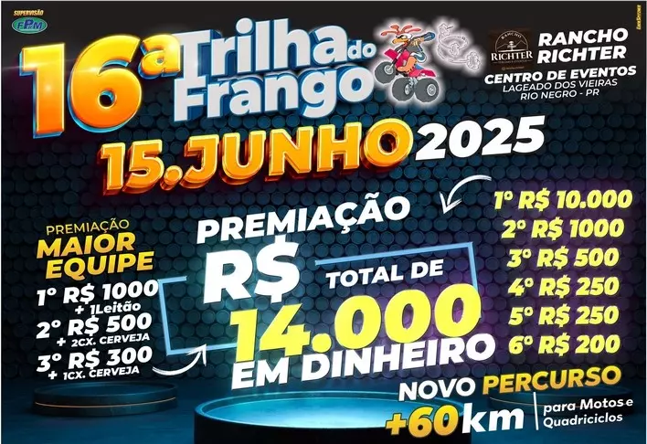 Trilha do Frango será realizada em 15 de junho no Lageado dos Vieiras