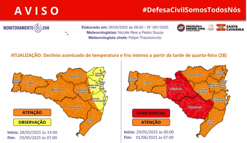 Defesa Civil alerta para queda acentuada de temperaturas