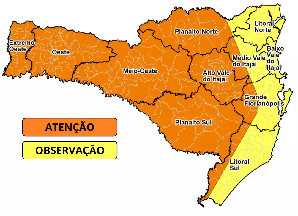 Defesa Civil emite alerta para temporais em SC