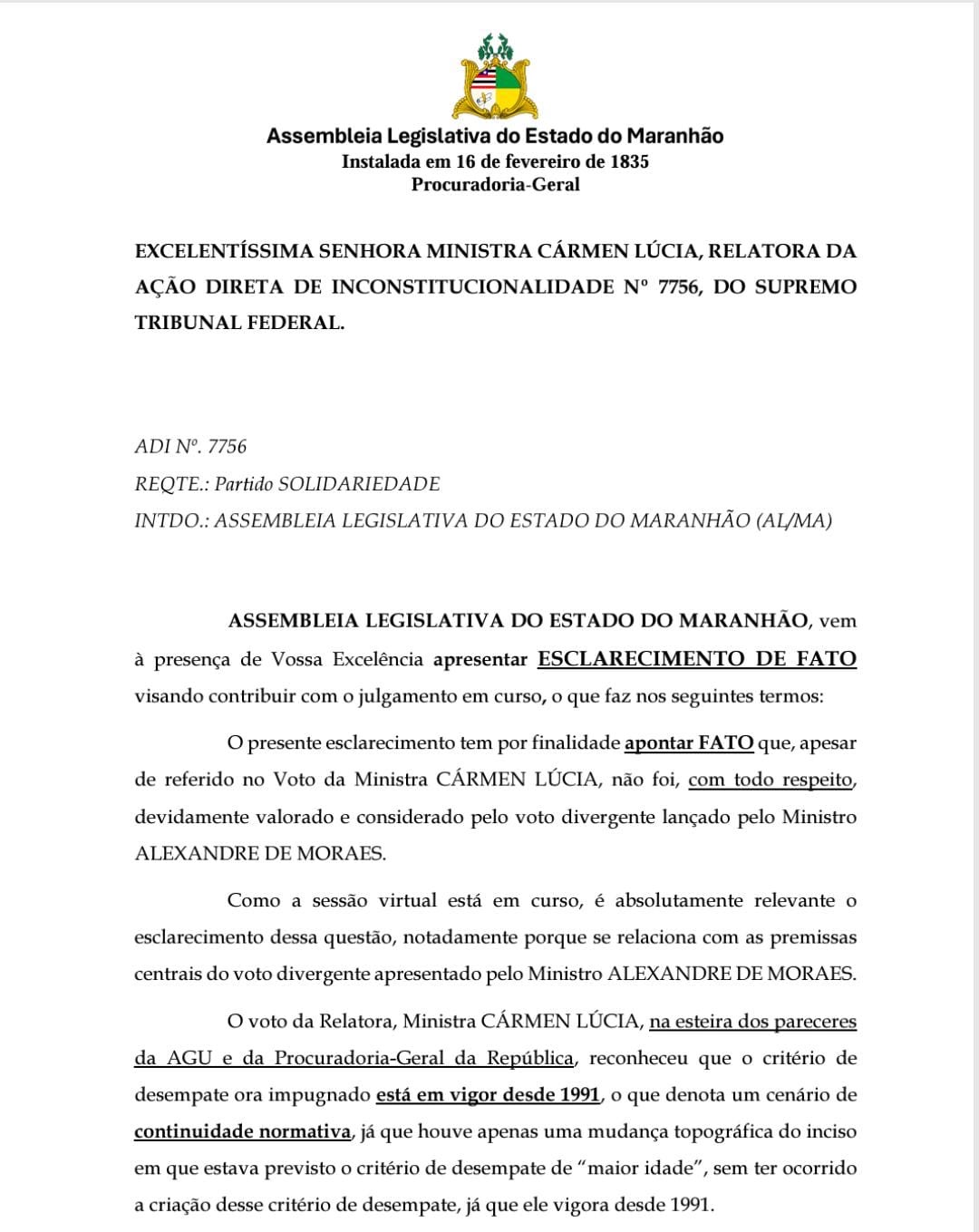 Critério de desempate é de 1991, afirma Alema em petição ao STFO