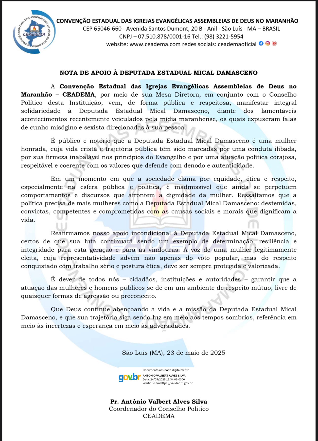CEADEMA emite nota de apoio à deputada Mical Damasceno e repudia ataques misóginos