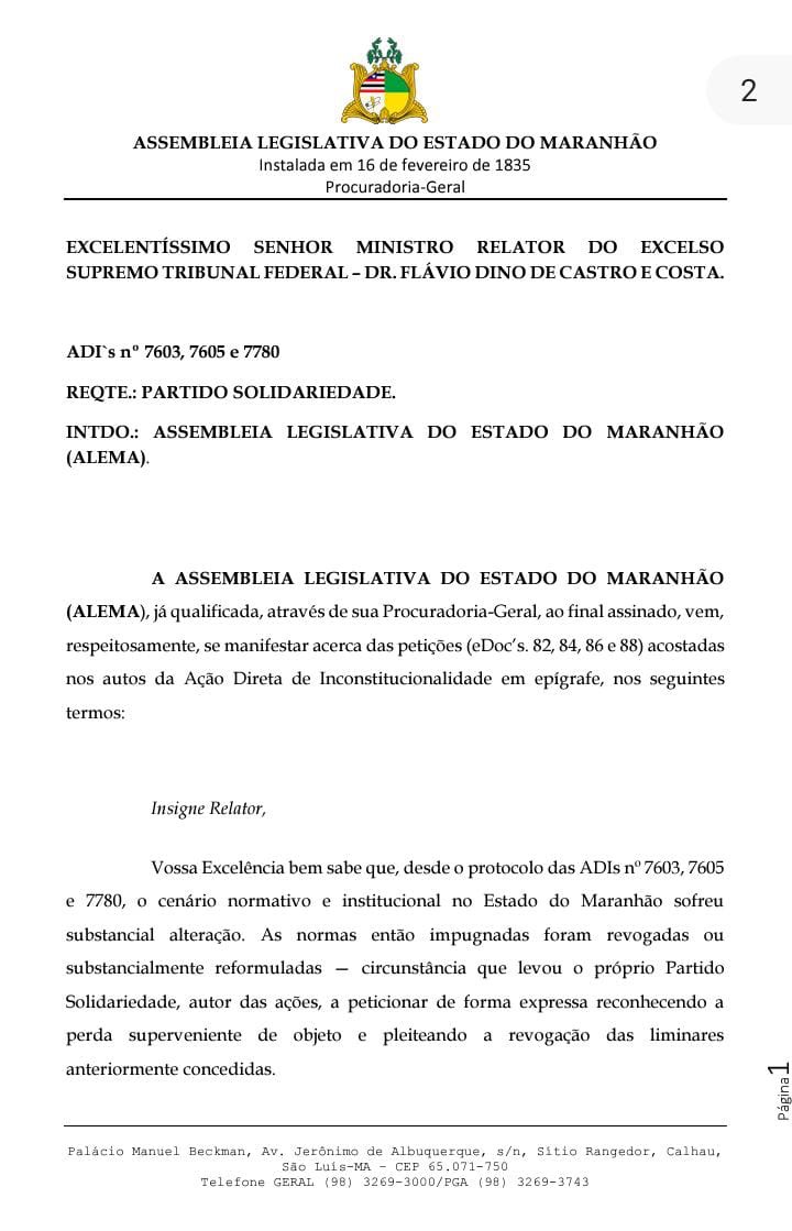 Assembleia Legislativa protocola nova petição no STF sobre escolha de conselheiros do TCE/MA