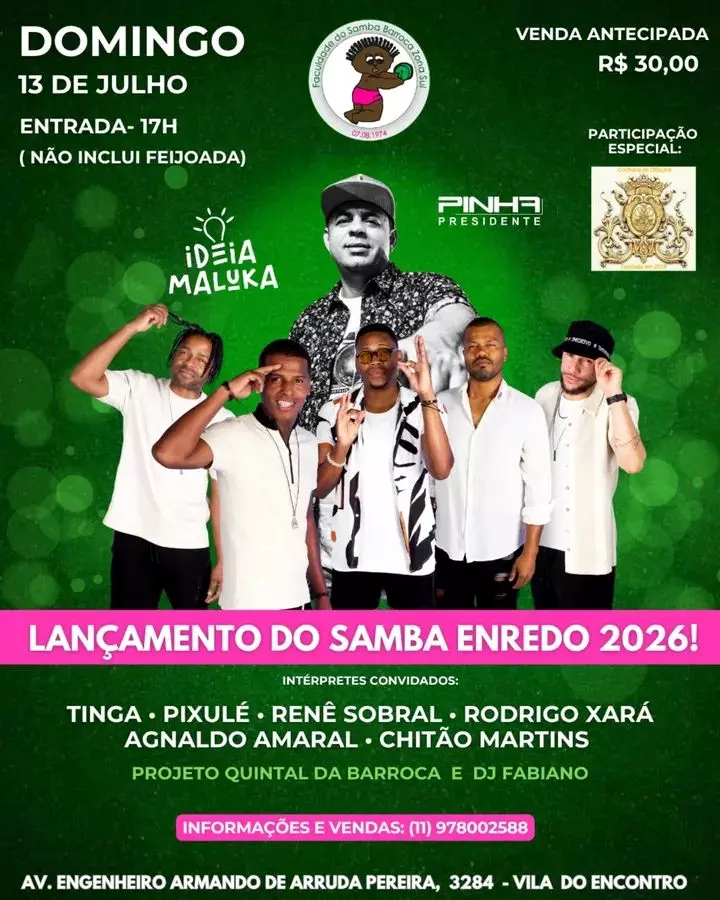 Barroca Zona Sul lançará samba de enredo com feijoada, show de Pinha Presidente e + atrações dia (13)