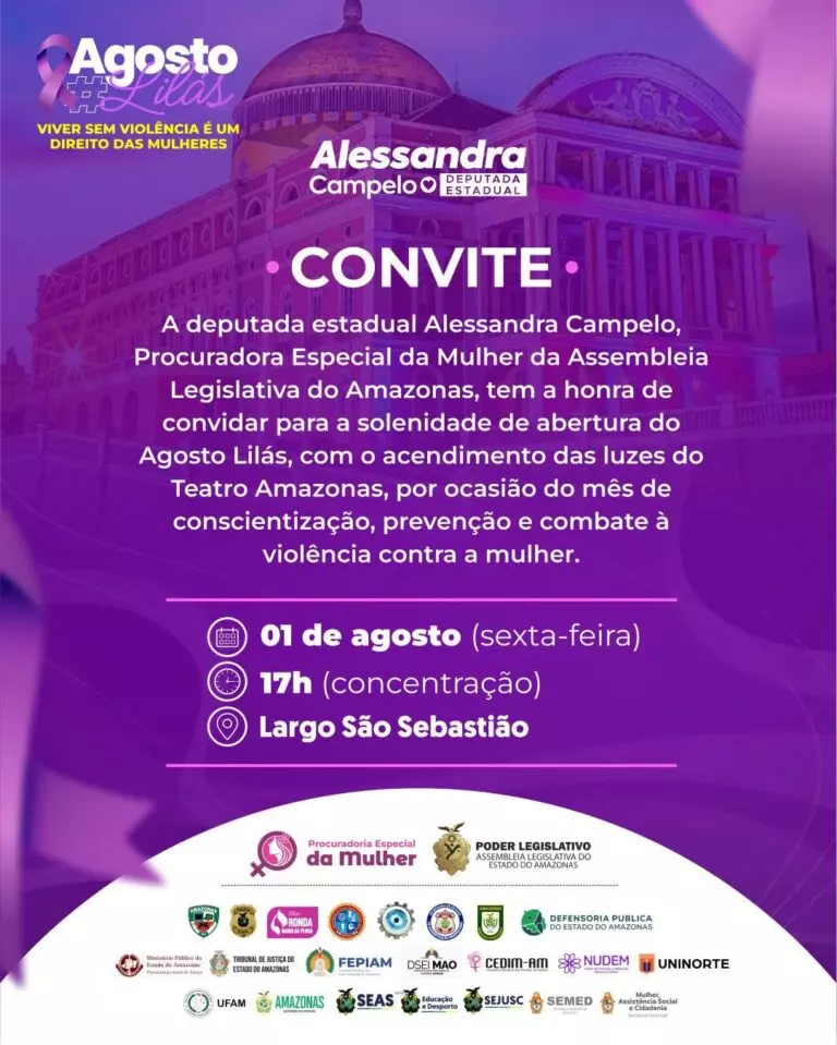 Acendimento das luzes do Teatro Amazonas marca início do Agosto Lilás no estado nesta sexta-feira (01/08)