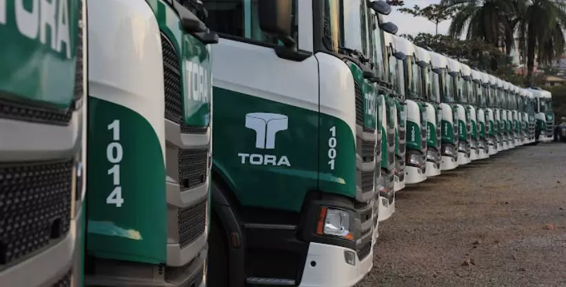 A foto mostra uma frota de caminhões do Grupo Tora