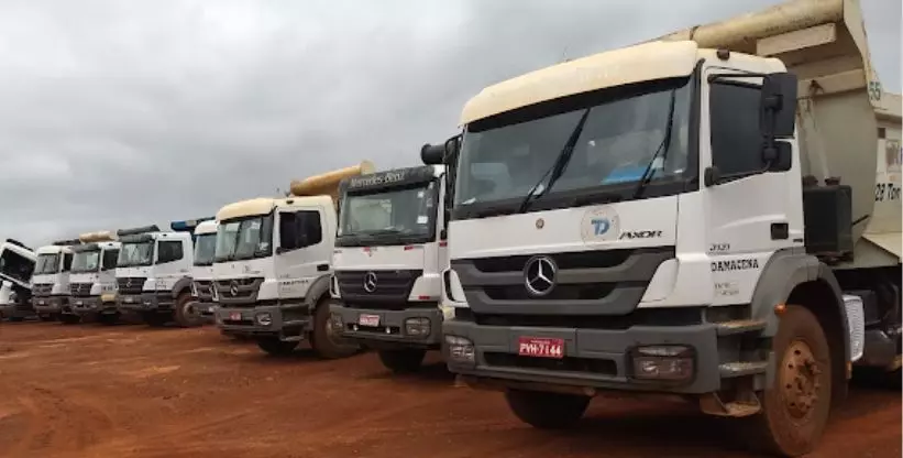 A foto mostra a frota de caminhões da Transportes Damacena