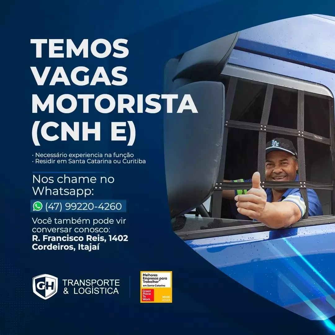  A imagem mostra uma divulgação de vagas para motoristas carreteiros na GH Transporte