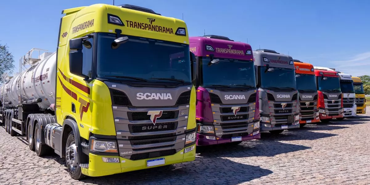 A foto mostra uma frota de carretas da Transpanorama