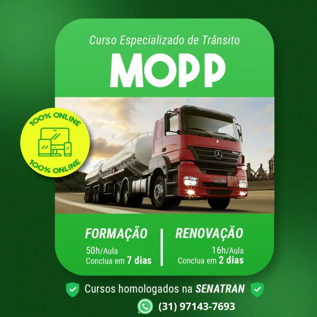A imagem mostra uma Divulgação de curso MOPP para Motoristas