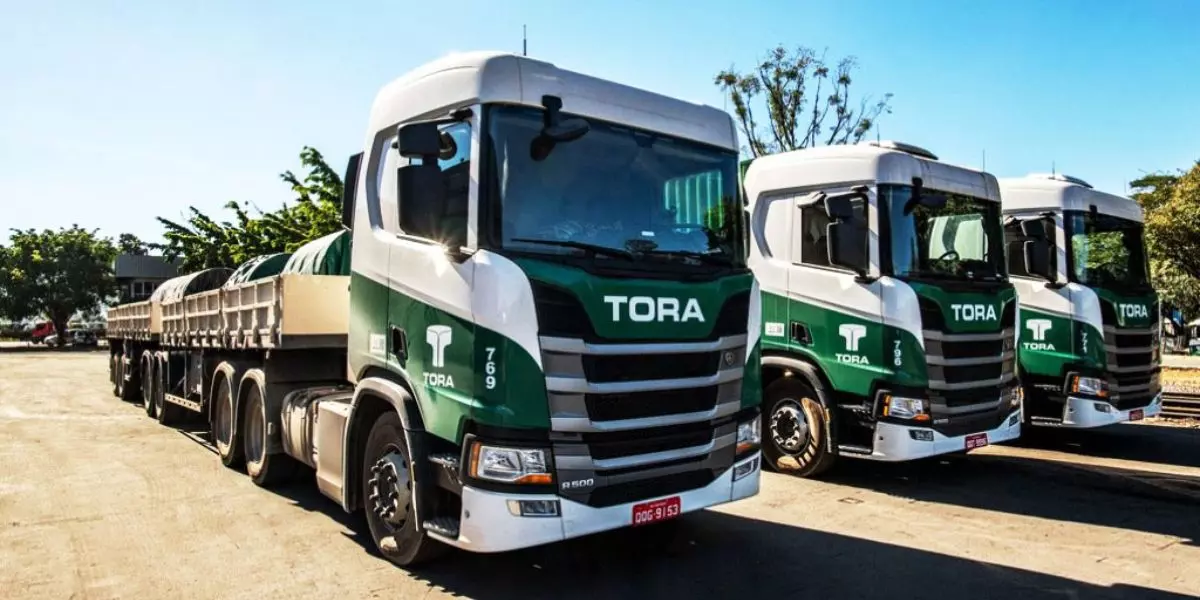 A foto mostra uma frota de carretas do Grupo Tora