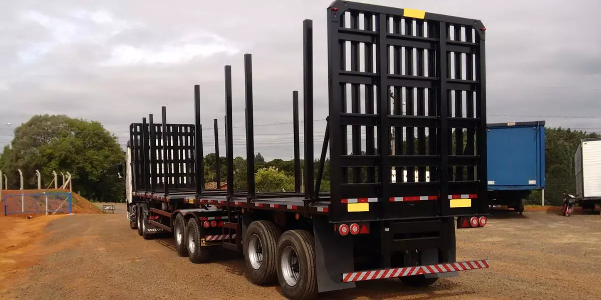 A foto mostra um bitrem florestal da Transportadora Hammes