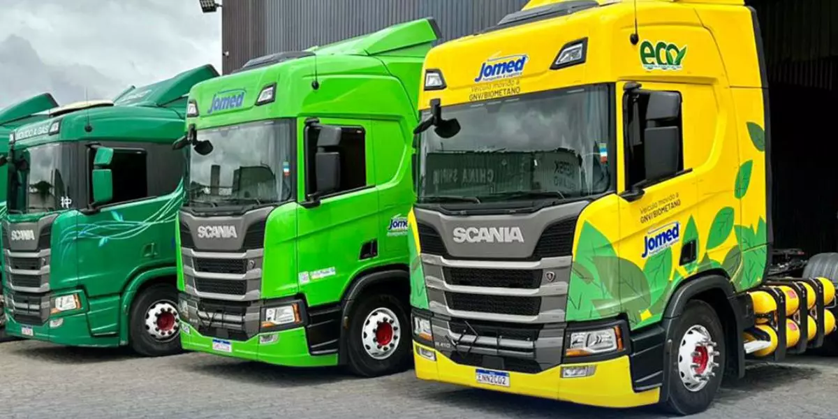 A foto mostra uma frota de caminhões da Jomed Transportes