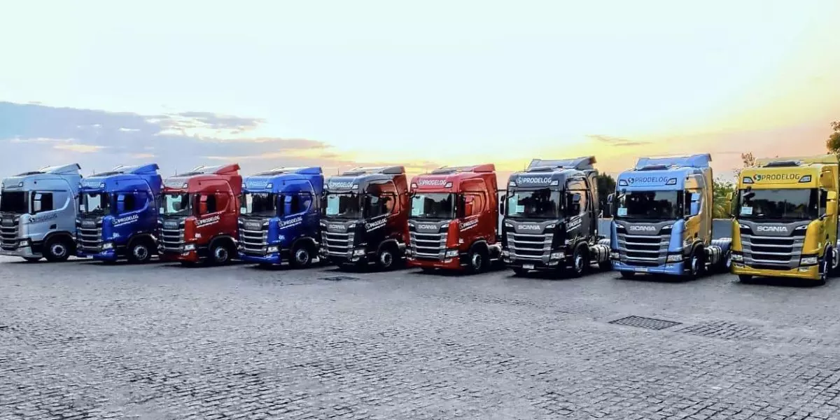 A foto mostra uma frota de caminhões da Prodelog Transportes