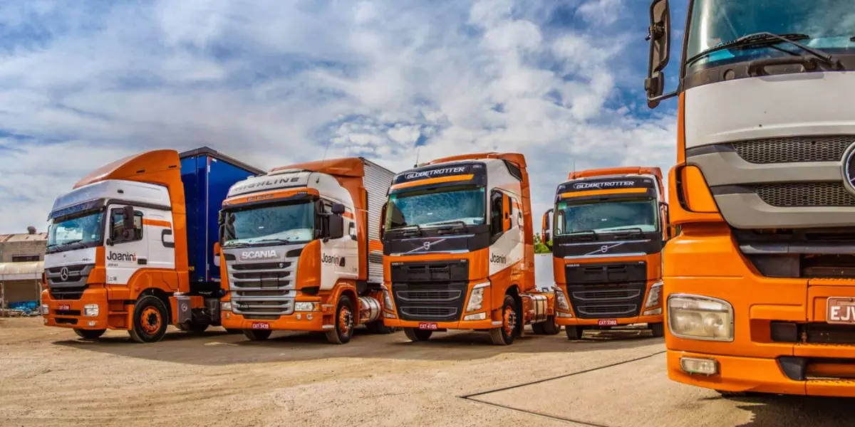 A foto mostra uma frota de caminhões da Joanini Transportes