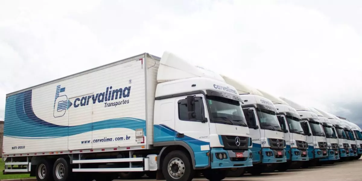 A foto mostra uma frota de caminhões da Carvalima
