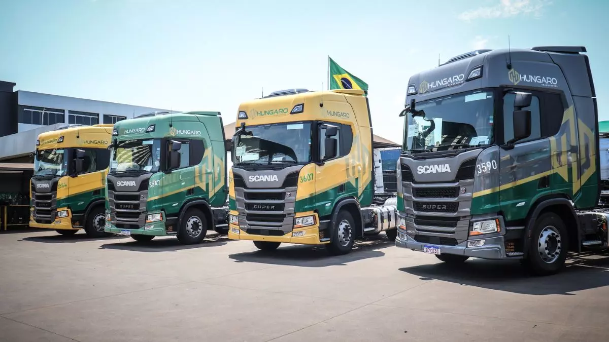 A foto mostra uma frota de carretas da Hungaro Transportes