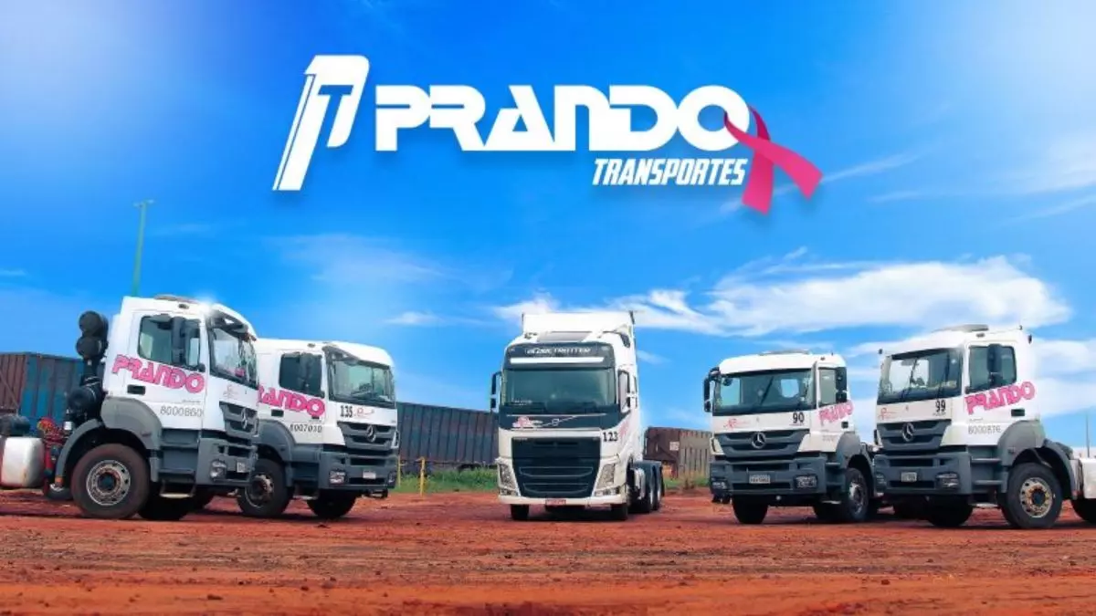 A foto mostra uma frota de caminhões da Prando Transportes