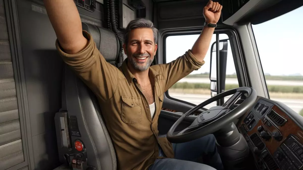A foto mostra um motorista carreteiro comemorando a conquista do seu emprego