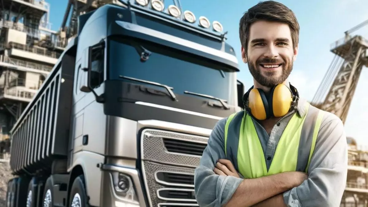 A foto mostra um caminhão e motorista da SAFM Mineração