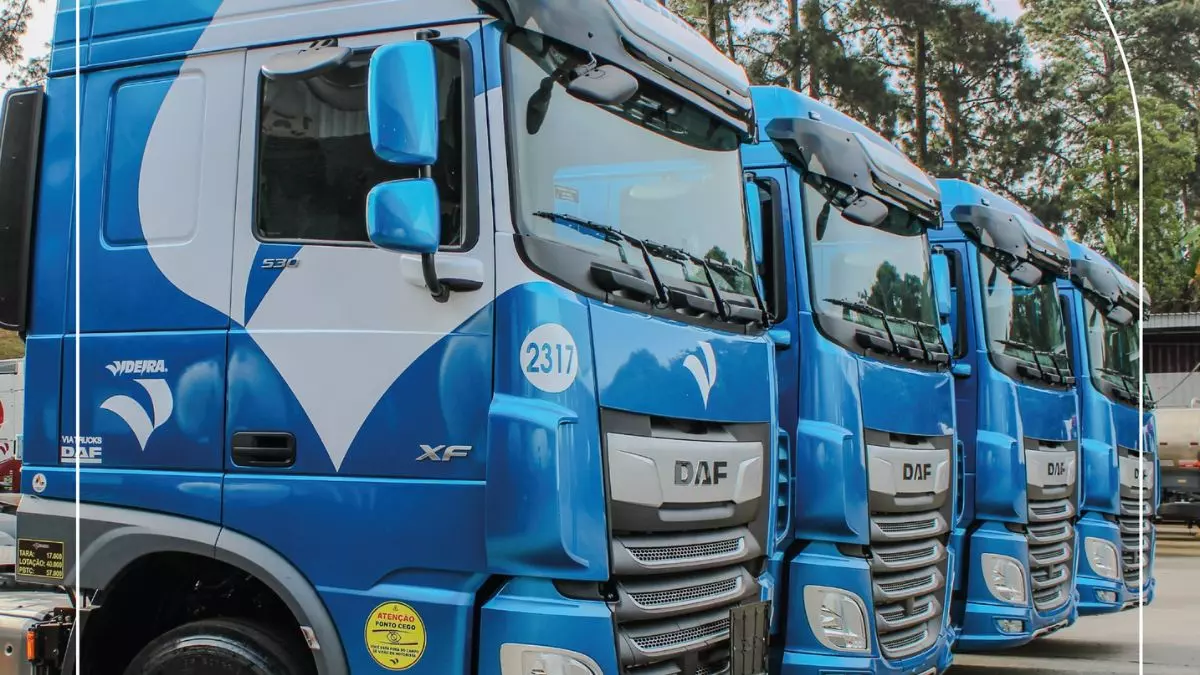 A foto mostra uma frota de caminhões novos da Videira Transportes