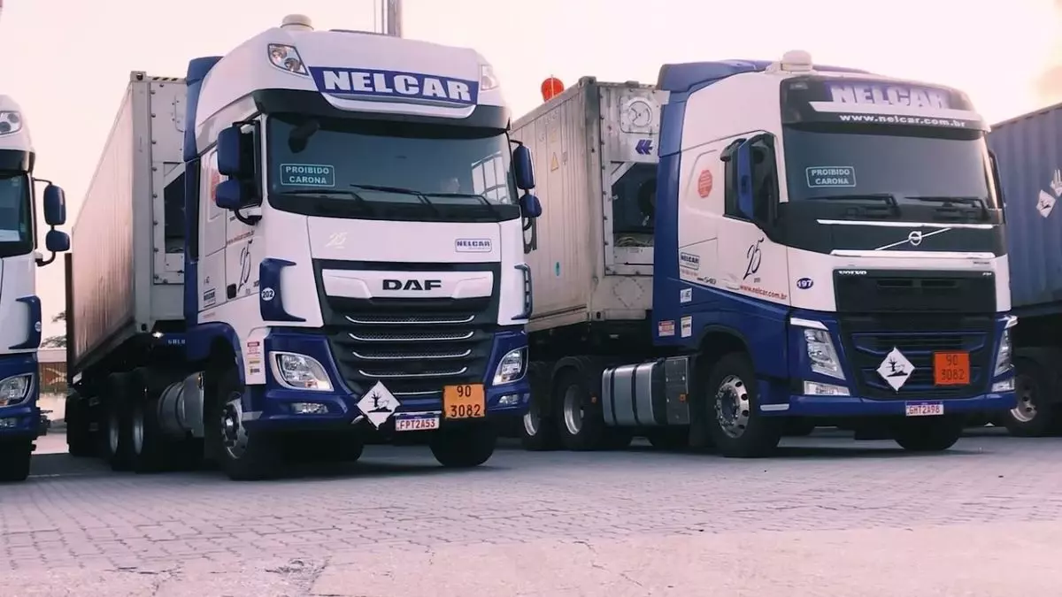 A foto mostra uma frota de carretas da Nelcar Transportes