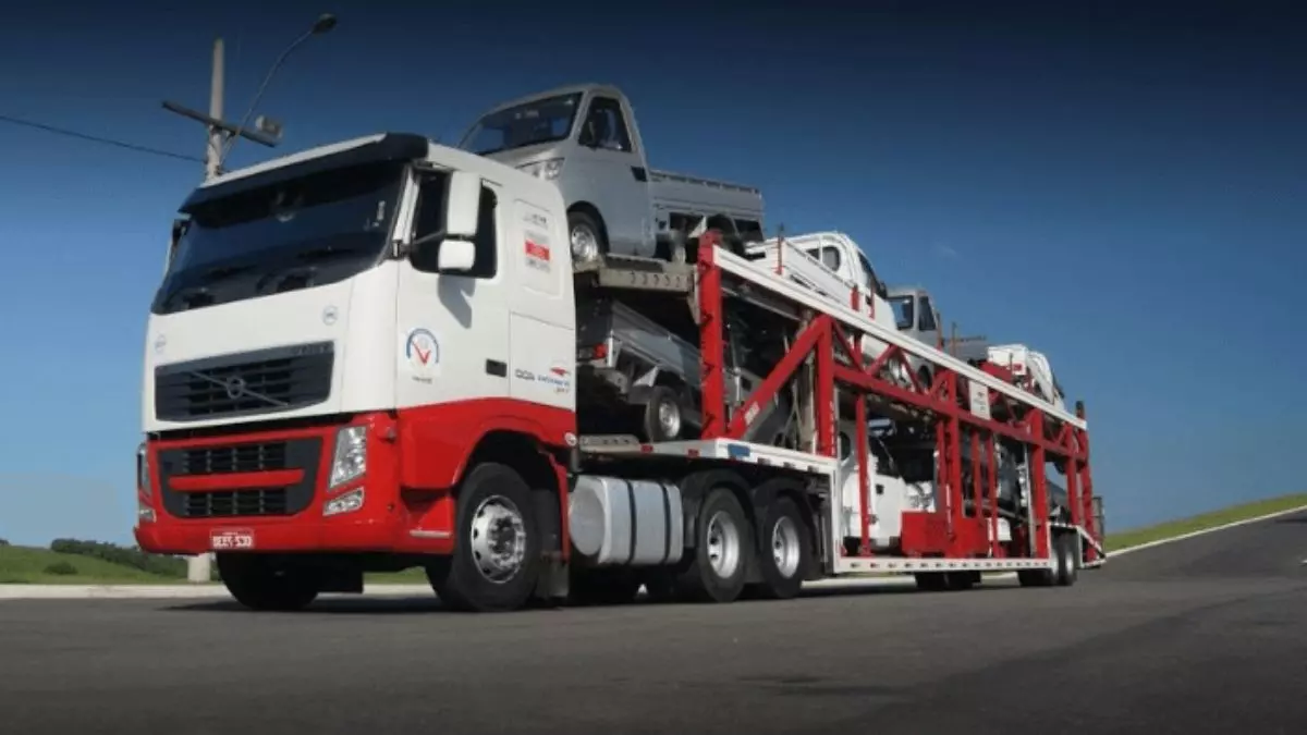 A foto mostra uma carreta cegonha da Transilva