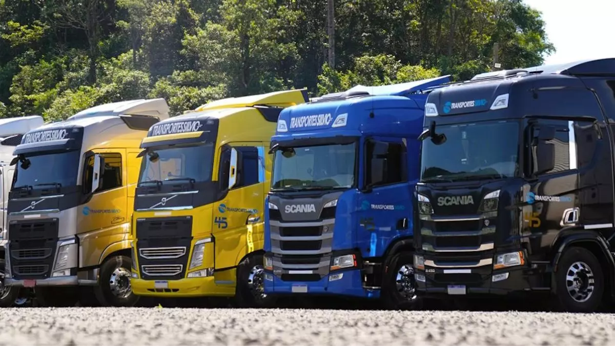 A foto mostra uma frota de caminhões da Transportes Silvio